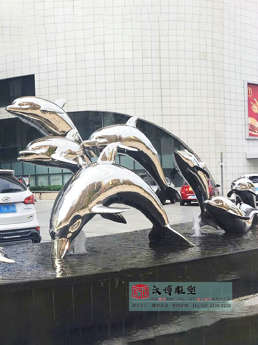 不锈钢镜面海豚雕塑,商务广场雕塑,不锈钢雕塑制作工厂