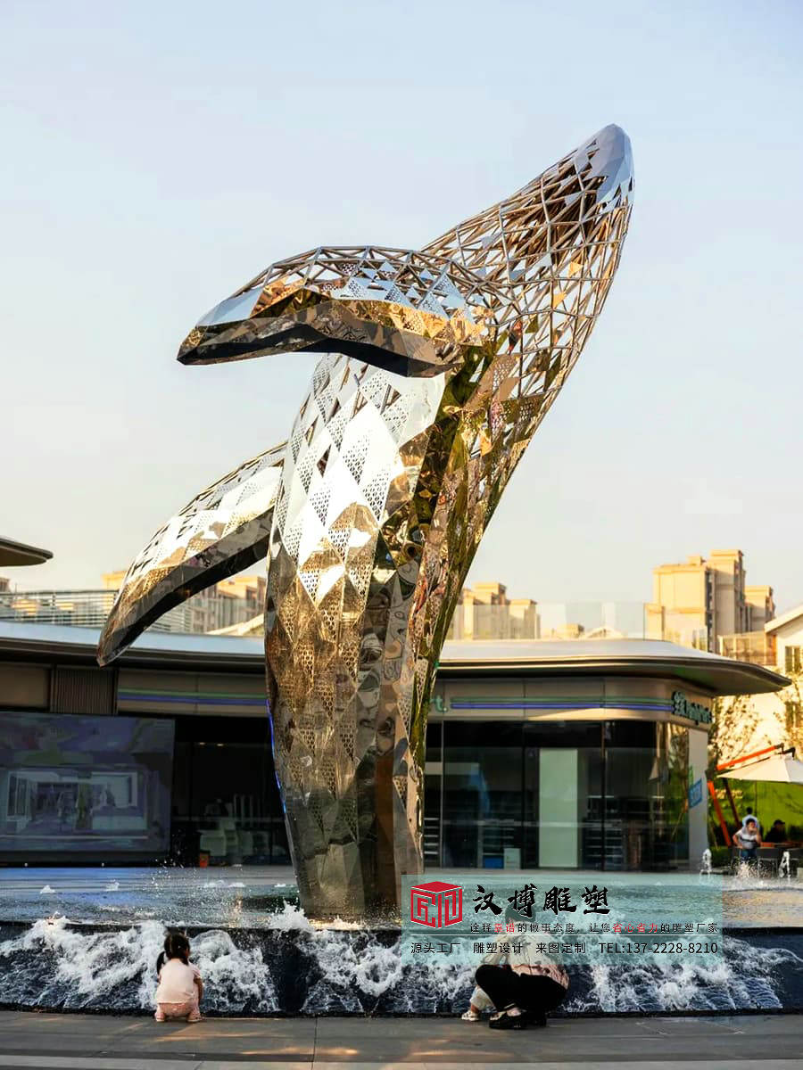 不锈钢镂空几何鲸鱼雕塑,户外商务广场雕塑,水景雕塑定制厂家