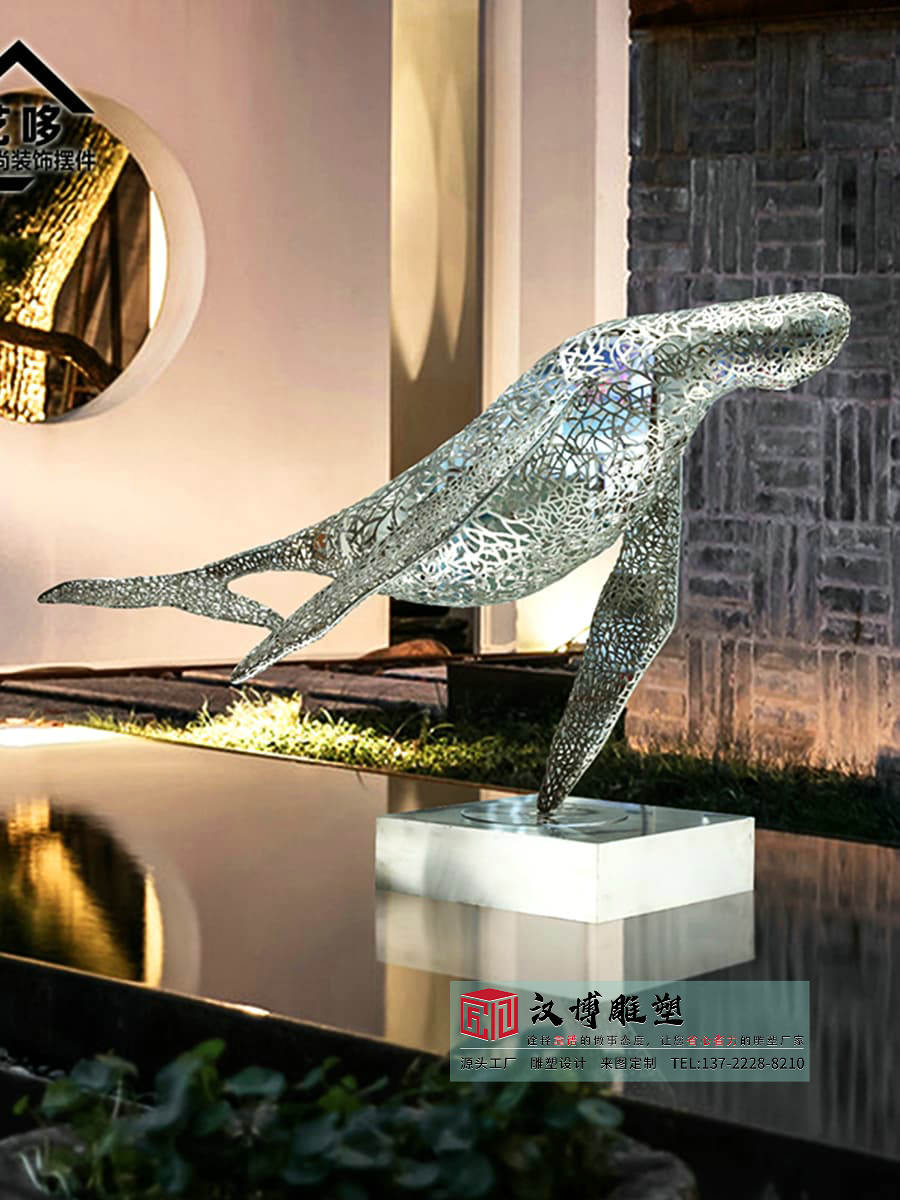 不锈钢镂空几何鲸鱼雕塑,户外商务广场雕塑,水景雕塑定制厂家