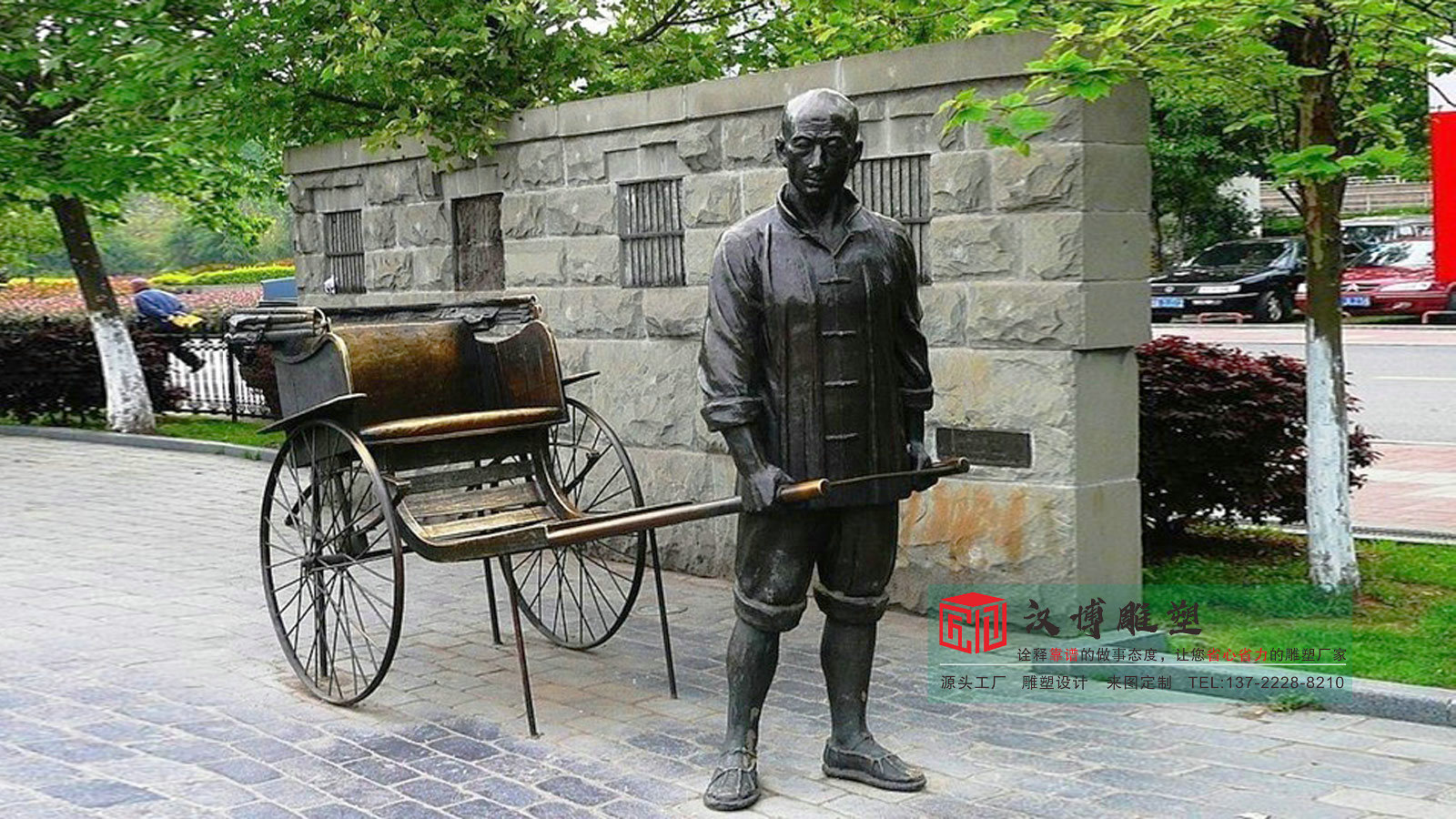 铸铜拉车车夫雕塑,古城古镇旅游景区雕塑,人物雕塑制作工厂